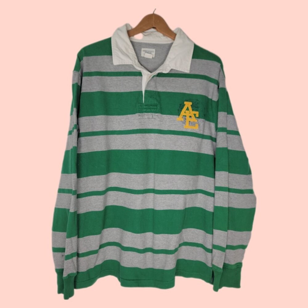 Vtg American Eagle shirt rugby polo men's size XL green grey retro stripe collar